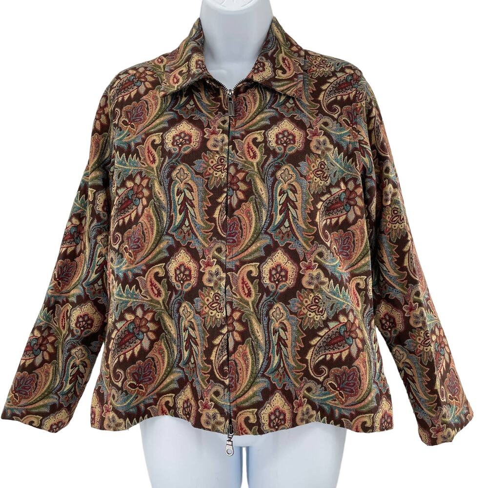 Coldwater Creek Brown Cream Maroon Aqua Paisley Tapestry Zip Up Jacket PS